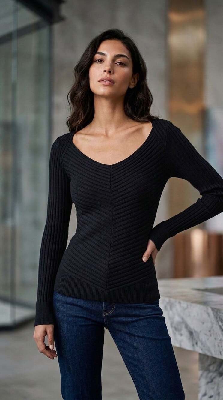Cache Black Silk Blend Ribbed V-Neck Long Sleeve Sweater Top